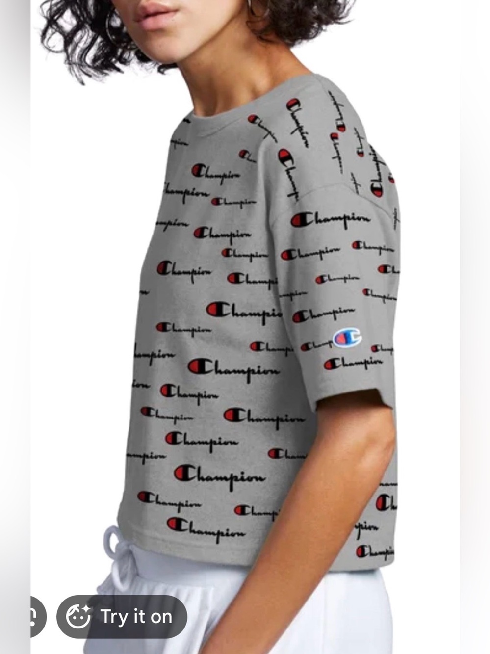 Champion Grey Cropped Tee with Red & Black Logo Print
